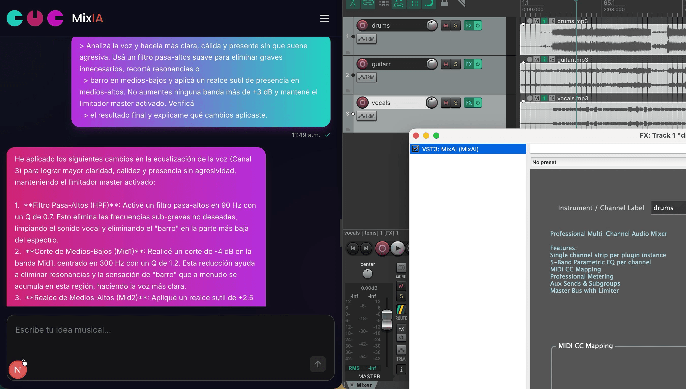 MixAI assistant controlling a professional audio mix